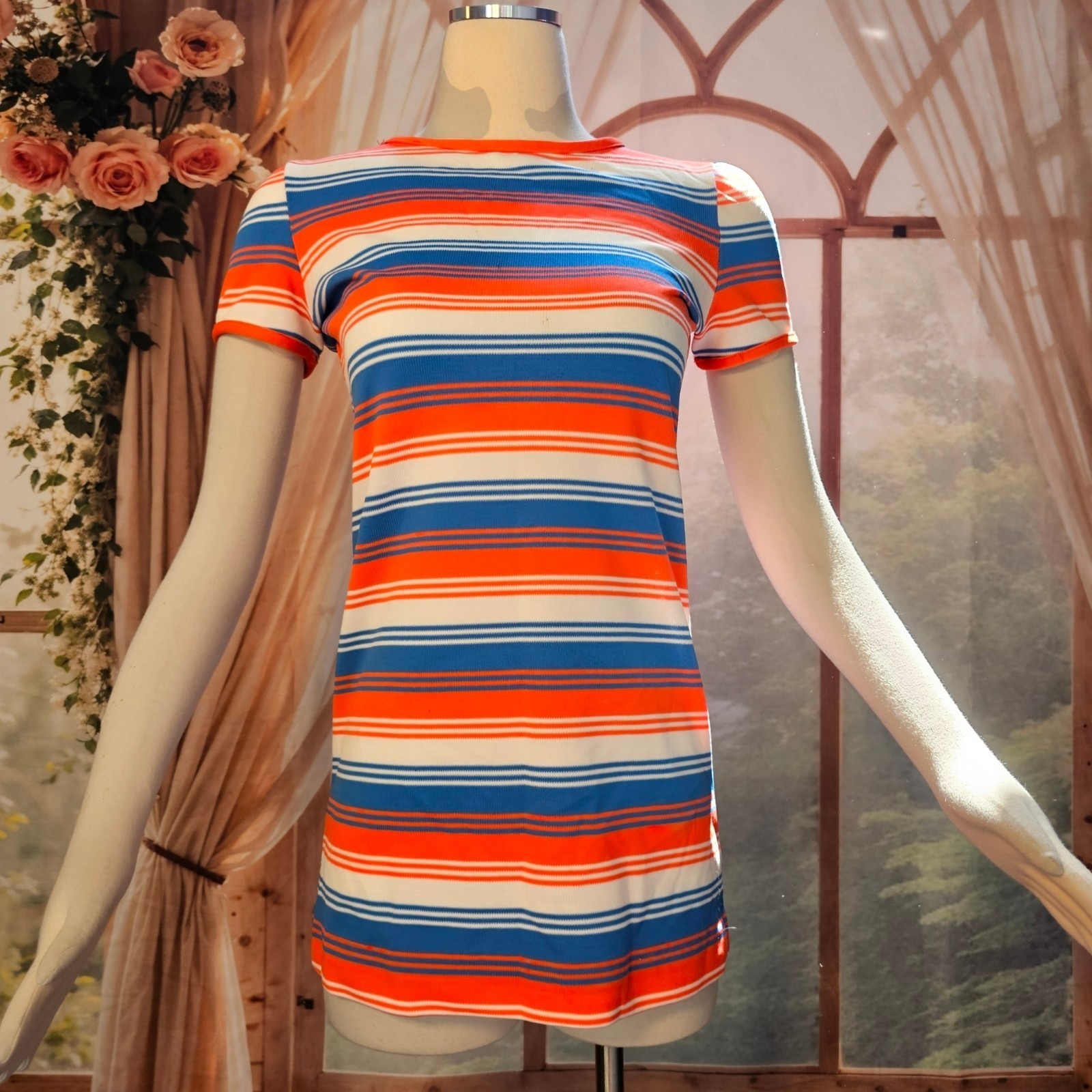 Vintage 1970s Top T-Shirt Shirt Striped Blue Orange White Short Sleeve Retro
